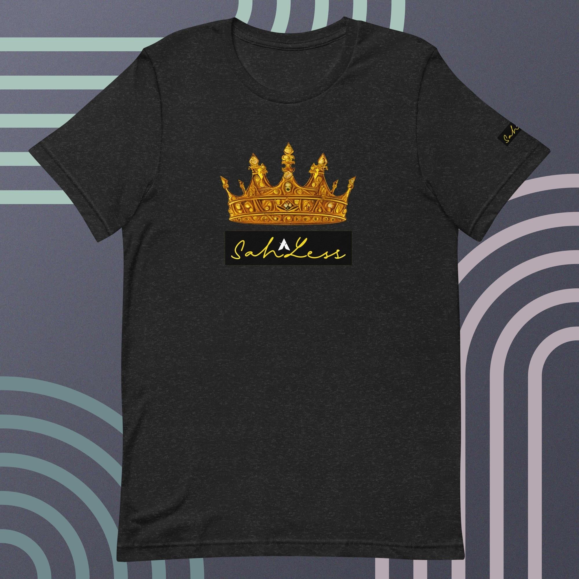Unisex t-shirt featuring gold crown and signature design, soft and lightweight fabric.