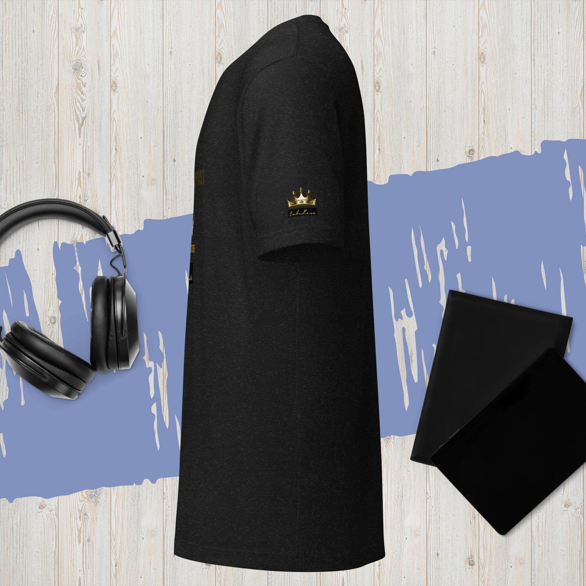 Unisex black t-shirt with "SahLess-Don't Let the Past" design, made from 100% combed cotton, shown with headphones and tablet.