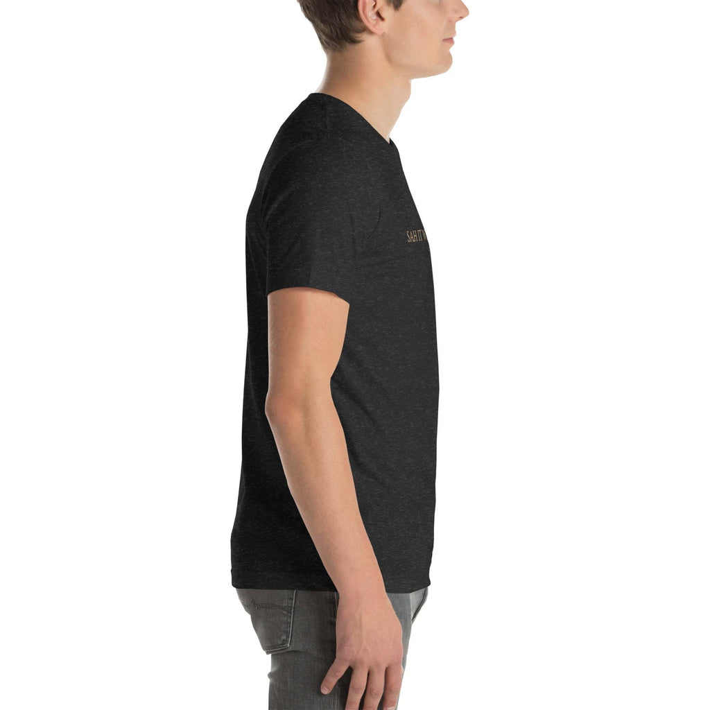 Black unisex T-shirt with "Sah it with Action" graphic, soft and stretchy fabric.