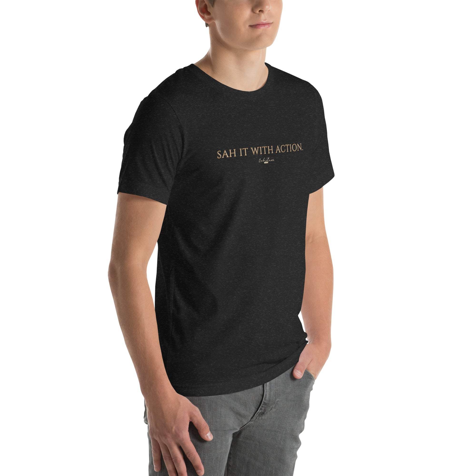 Black "Sah it with Action" graphic unisex T-shirt, soft cotton blend, shown worn.