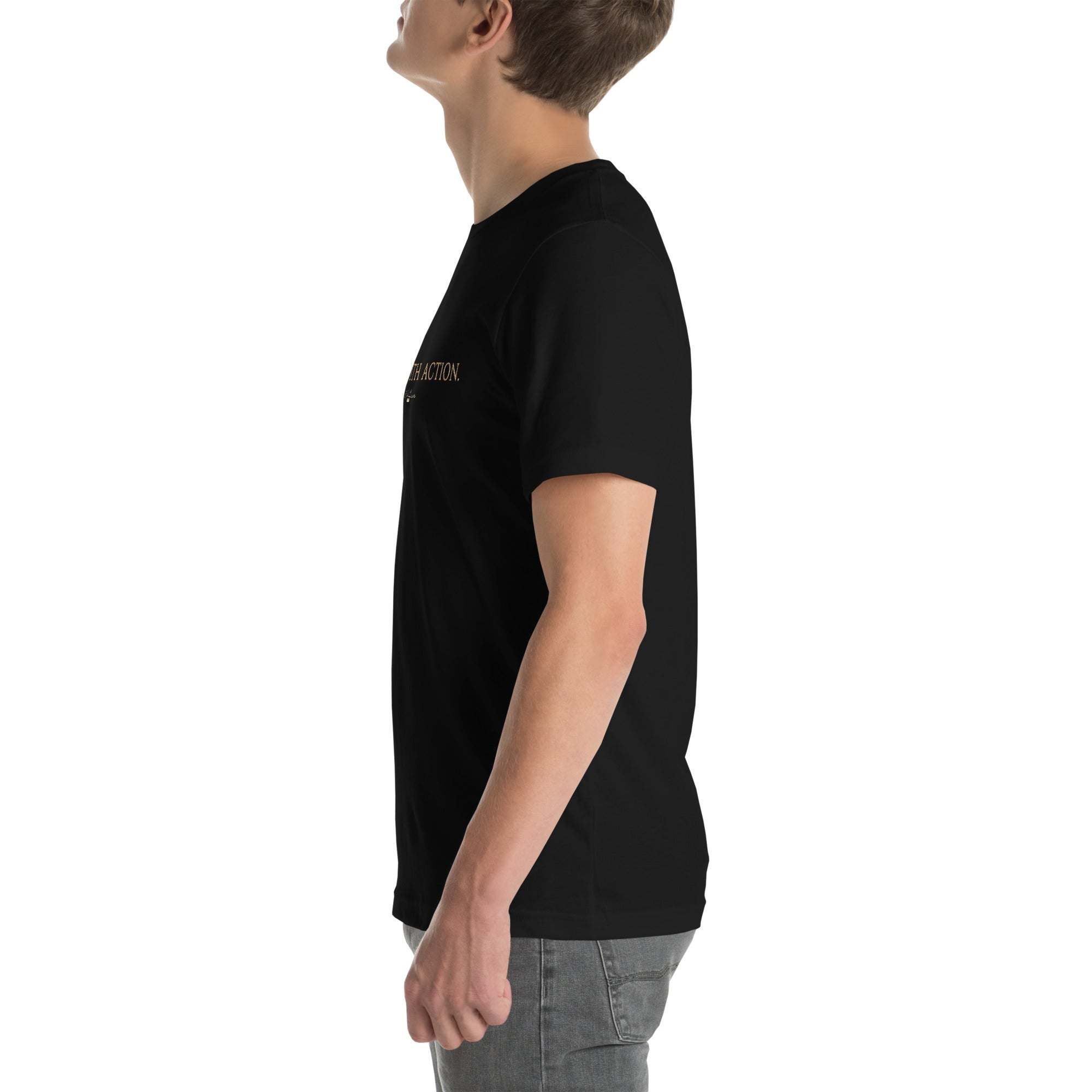 Black 'Sah it with Action' graphic unisex t-shirt by Sahless, side view.