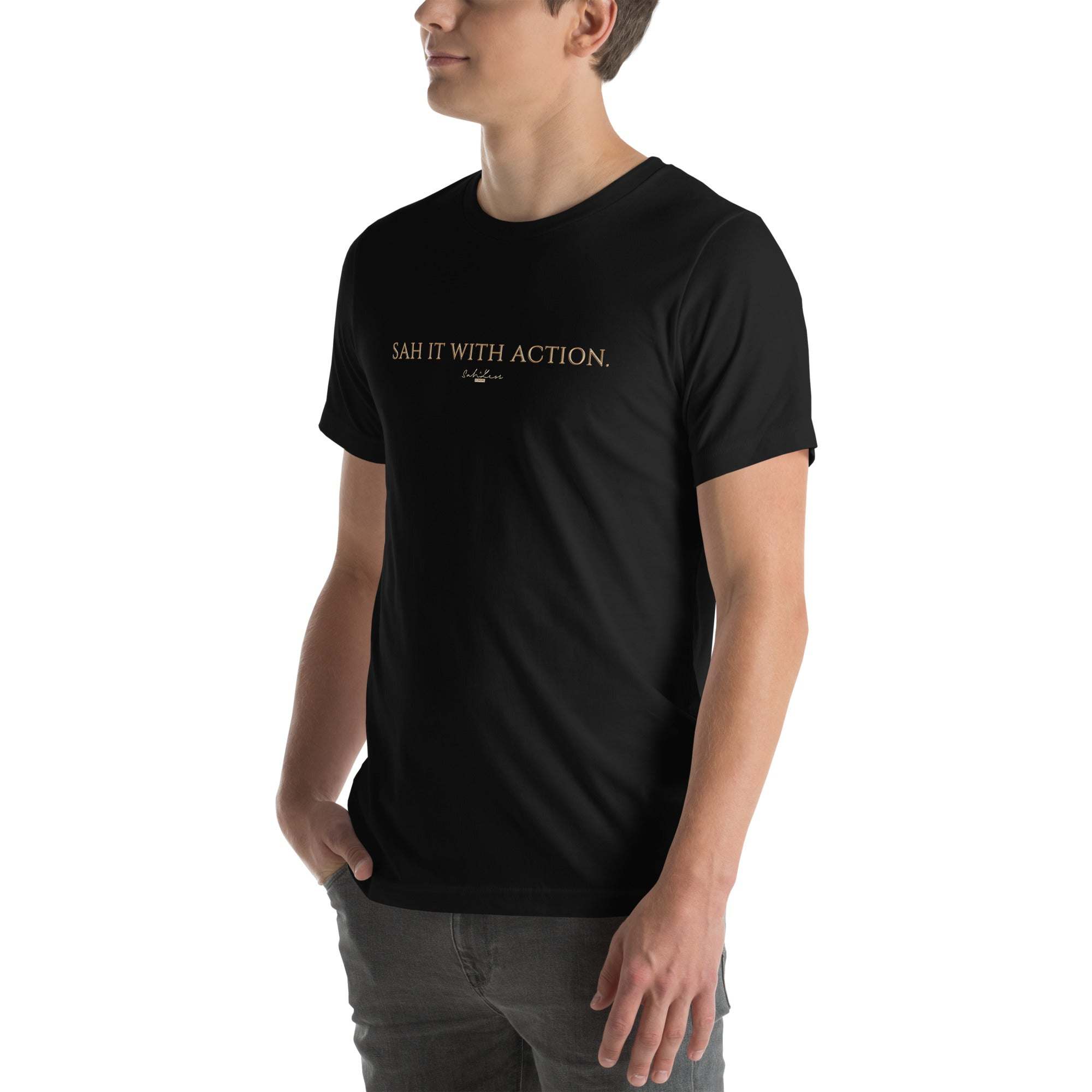 Black 'Sah it with Action' graphic unisex t-shirt with logo design.