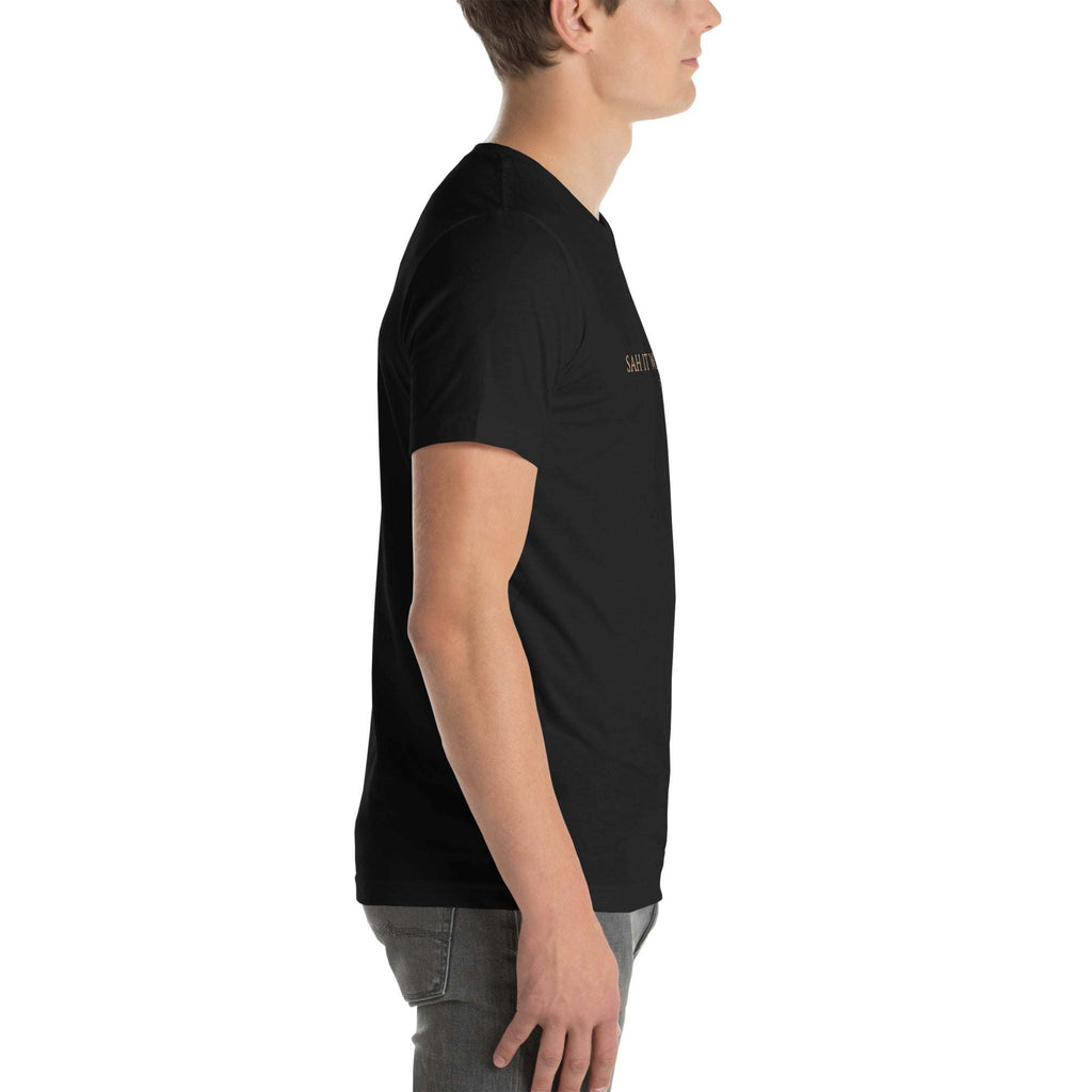 Black 'Sah it with Action' graphic unisex T-shirt by Sahless, side view.