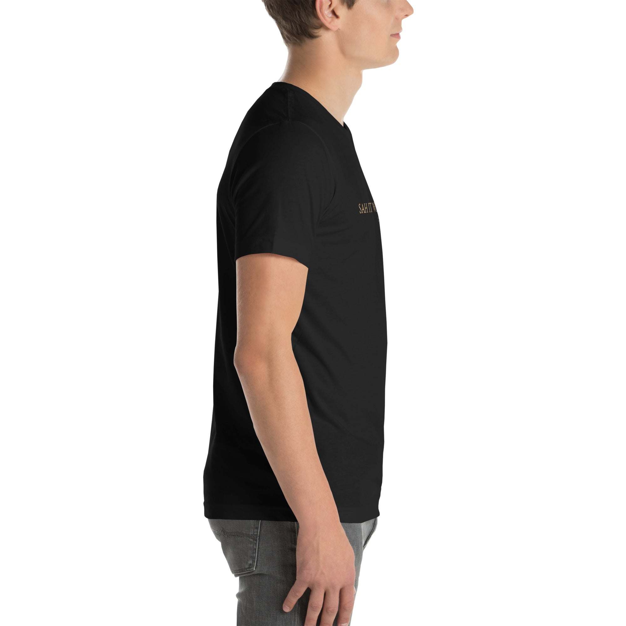 Black 'Sah it with Action' graphic unisex T-shirt by Sahless, side view.
