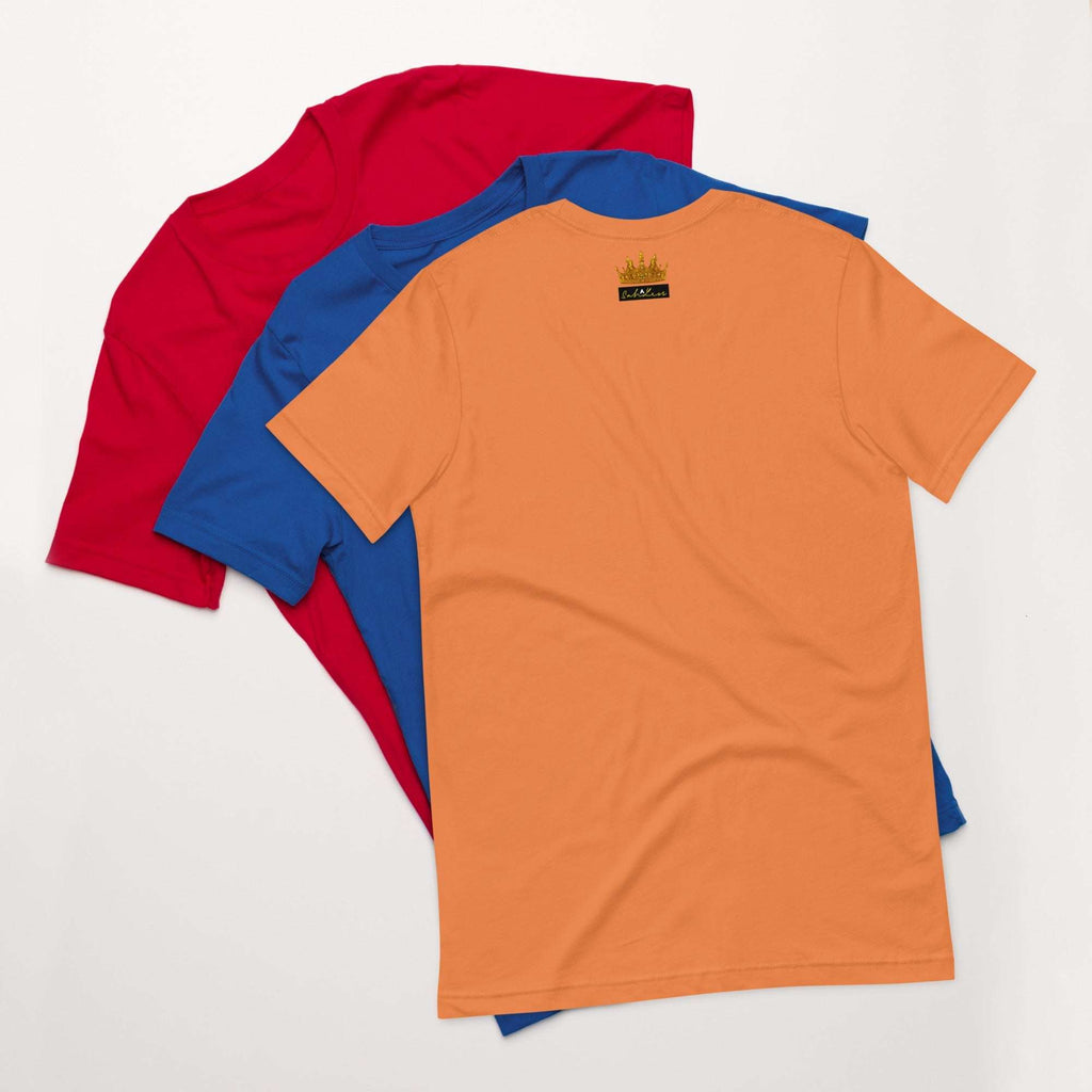 Unisex Stamp Signature T-Shirt in red, blue, and orange colors, made from lightweight cotton with signature logo.