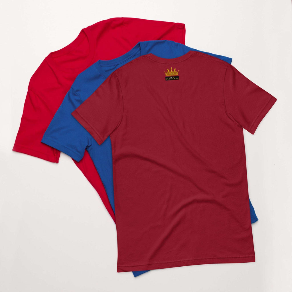 Three colorful Stamp Signature SahLess Unisex T-Shirts, featuring lightweight cotton, perfect for casual wear.