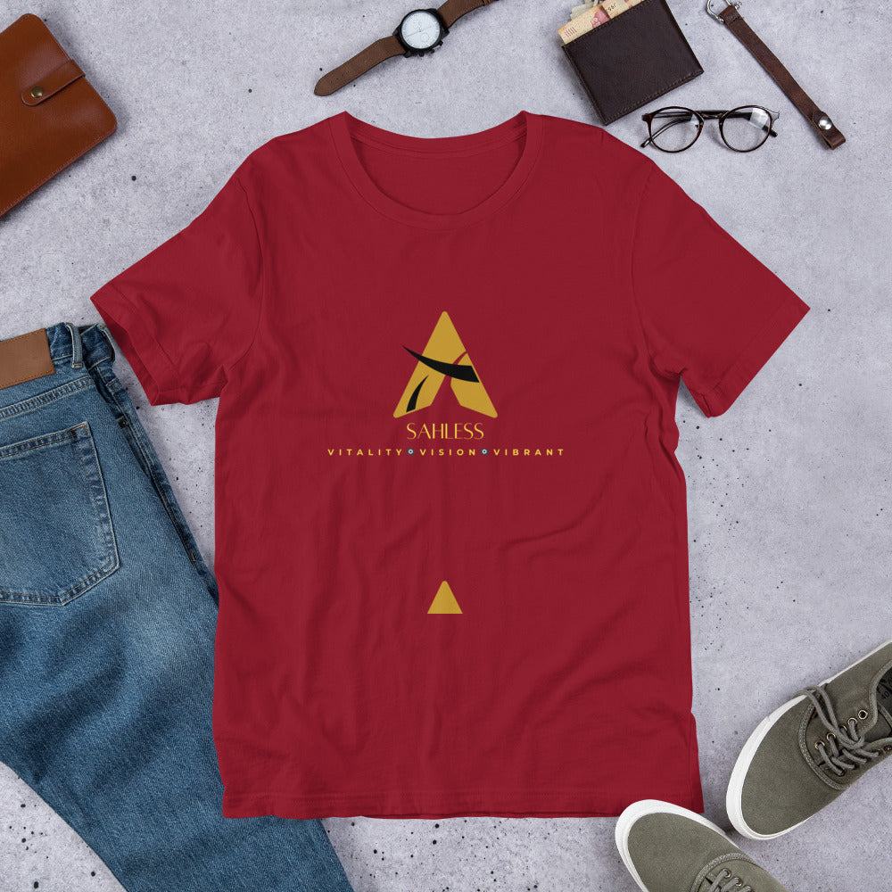 Red SahLess T-shirt Unisex with logo and text 'Vitality Vision Vibrant' design, featuring 100% cotton and pre-shrunk fabric for best fit.