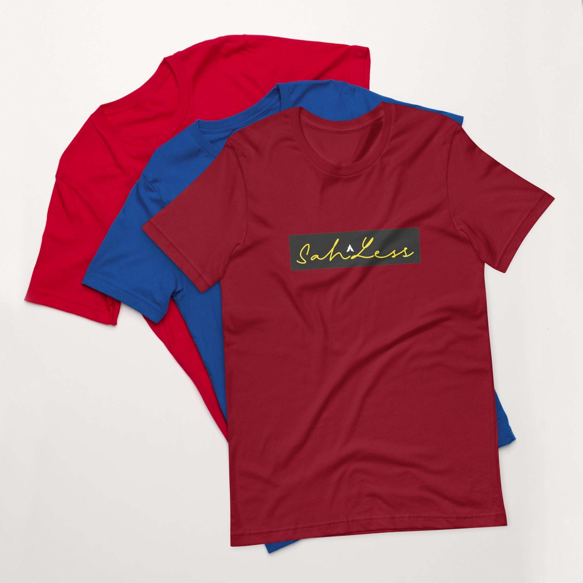 Unisex Stamp Signature T-Shirt in red, blue, and green, lightweight cotton.
