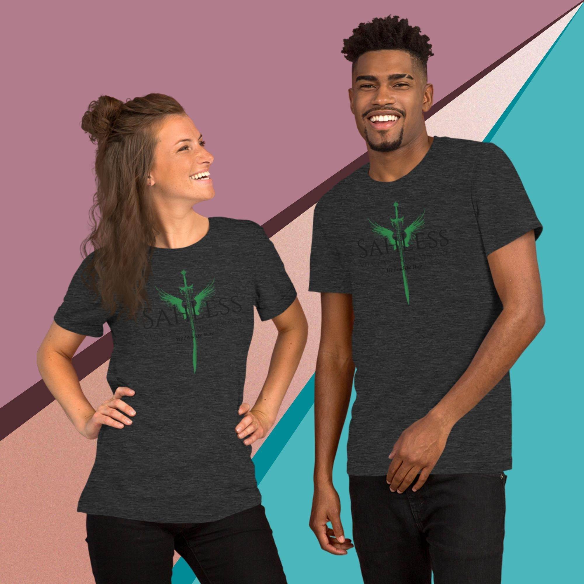Unisex t-shirt by SahLess Lead the Way, soft and lightweight with stretch, worn by a smiling couple.