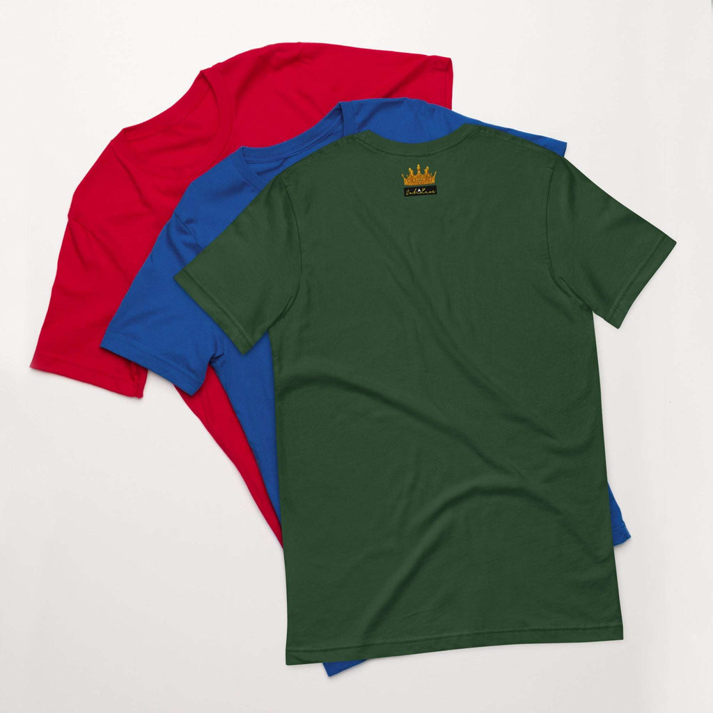 Unisex Stamp Signature T-Shirt in red, blue, and green colors, made from lightweight cotton.