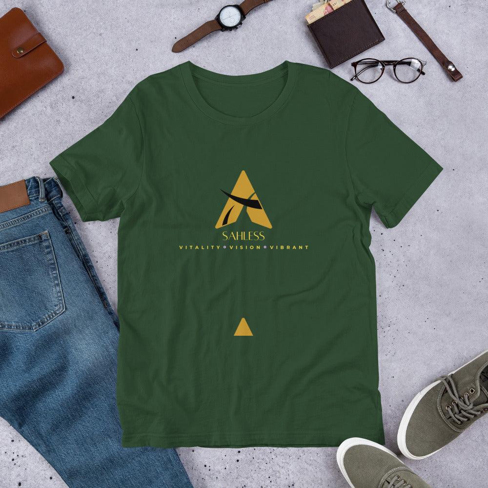 Unisex SahLess T-shirt in green with gold logo design, perfect fit cotton tee.
