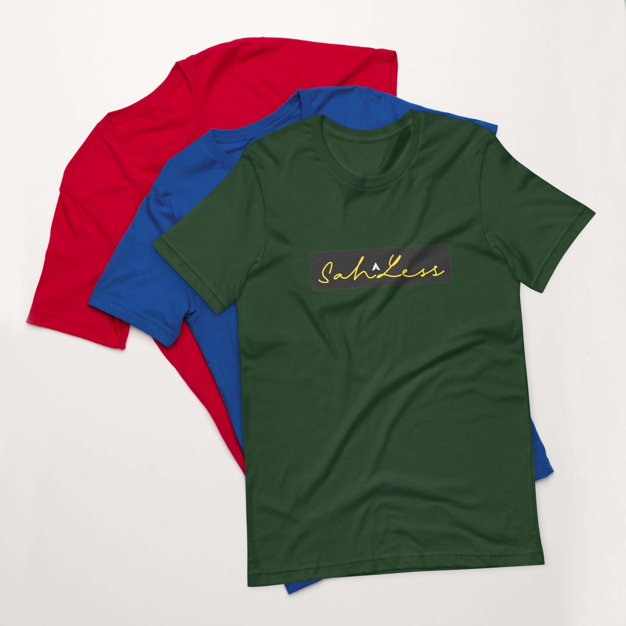 Unisex Stamp Signature SahLess T-Shirt in red, blue, and green, made of lightweight cotton.