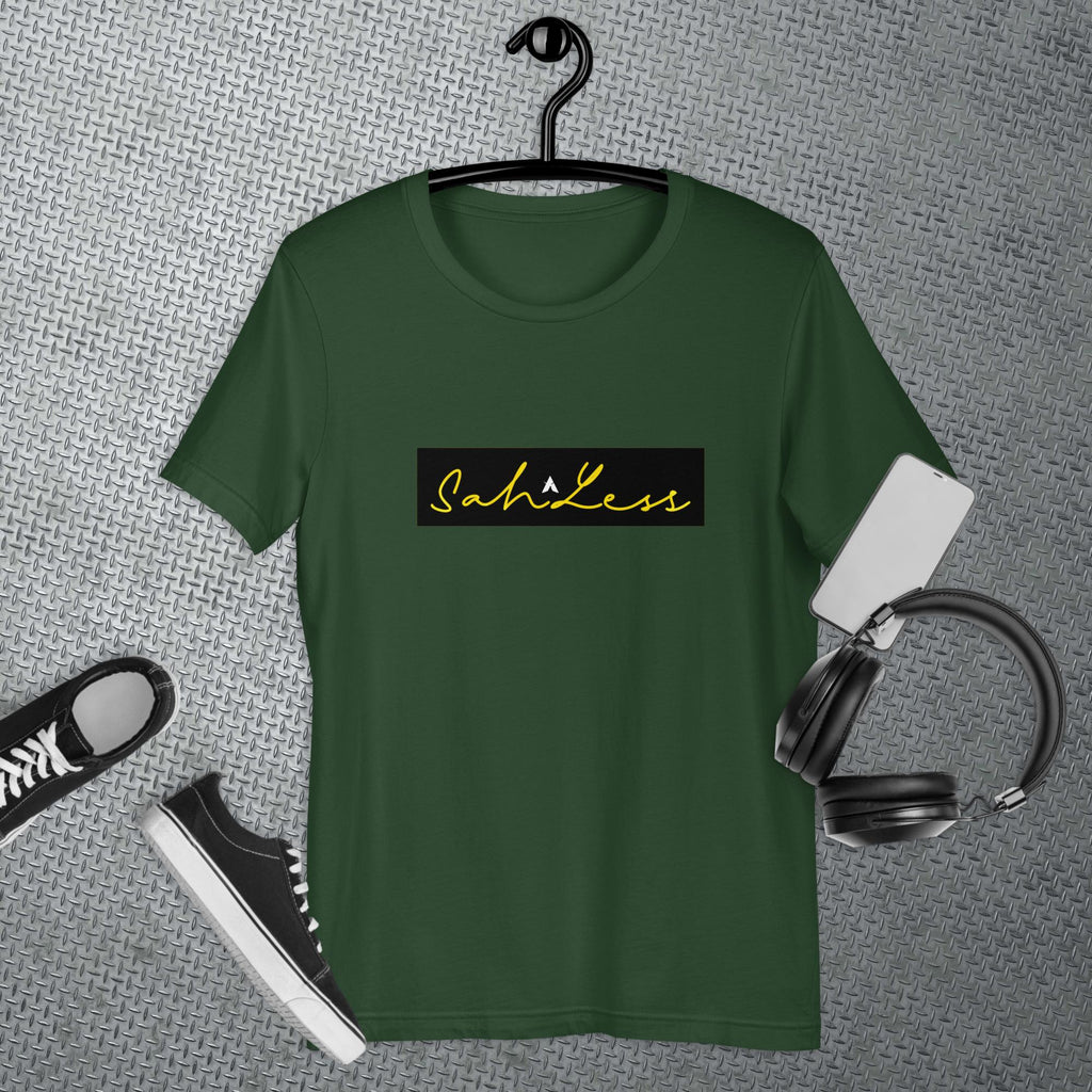 SahLess Signature Unisex T-shirt in green with comfortable cotton fabric.
