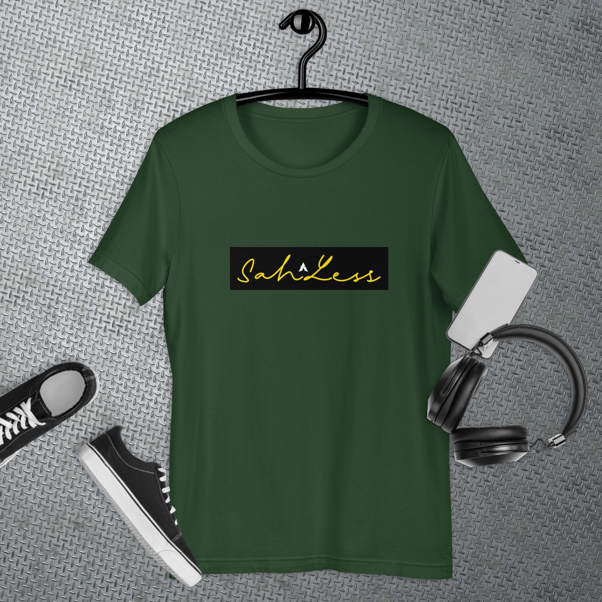 SahLess Signature Unisex T-shirt in green with comfortable cotton fabric.