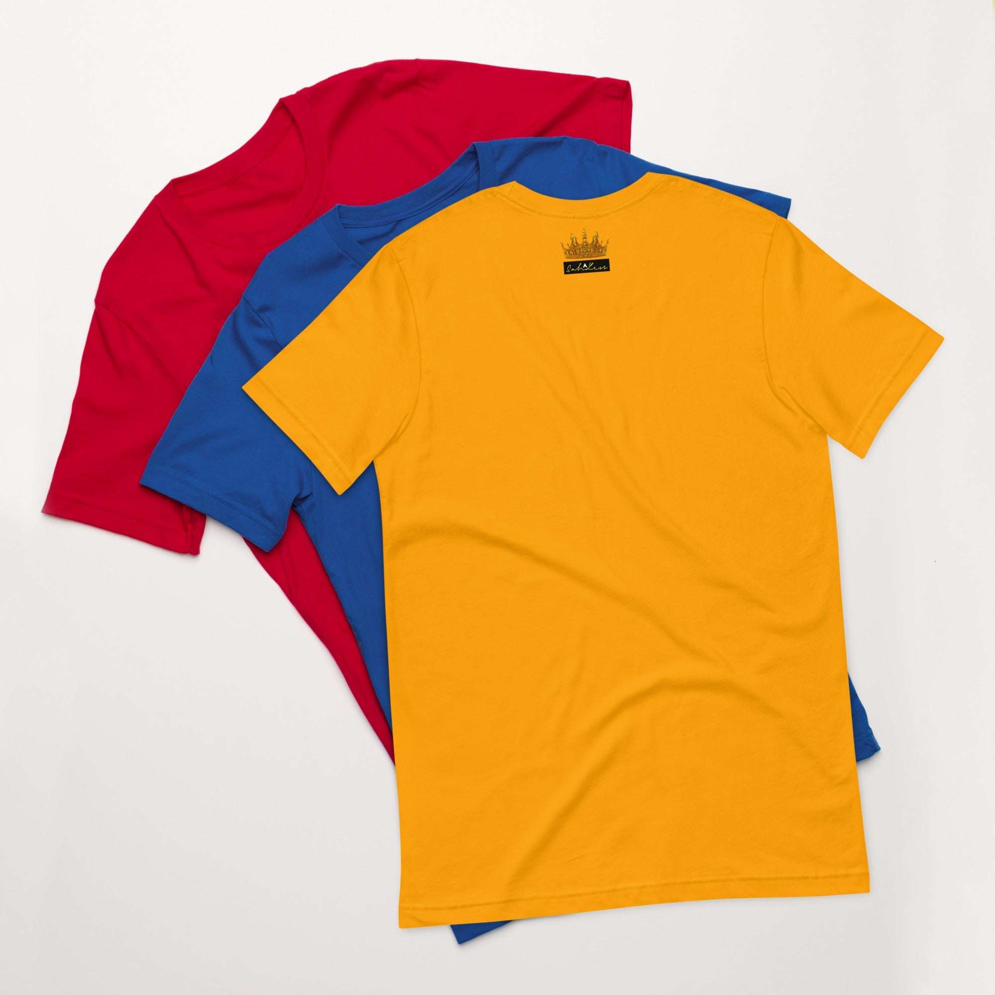 Unisex Stamp Signature T-Shirt in red, blue, and yellow, 100% cotton, lightweight, casual design.