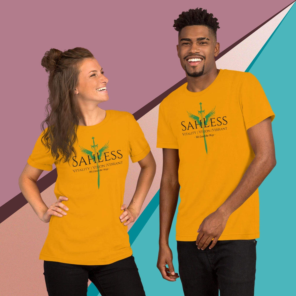Unisex yellow t-shirt with "SahLess Lead the Way" design, soft and lightweight fabric.