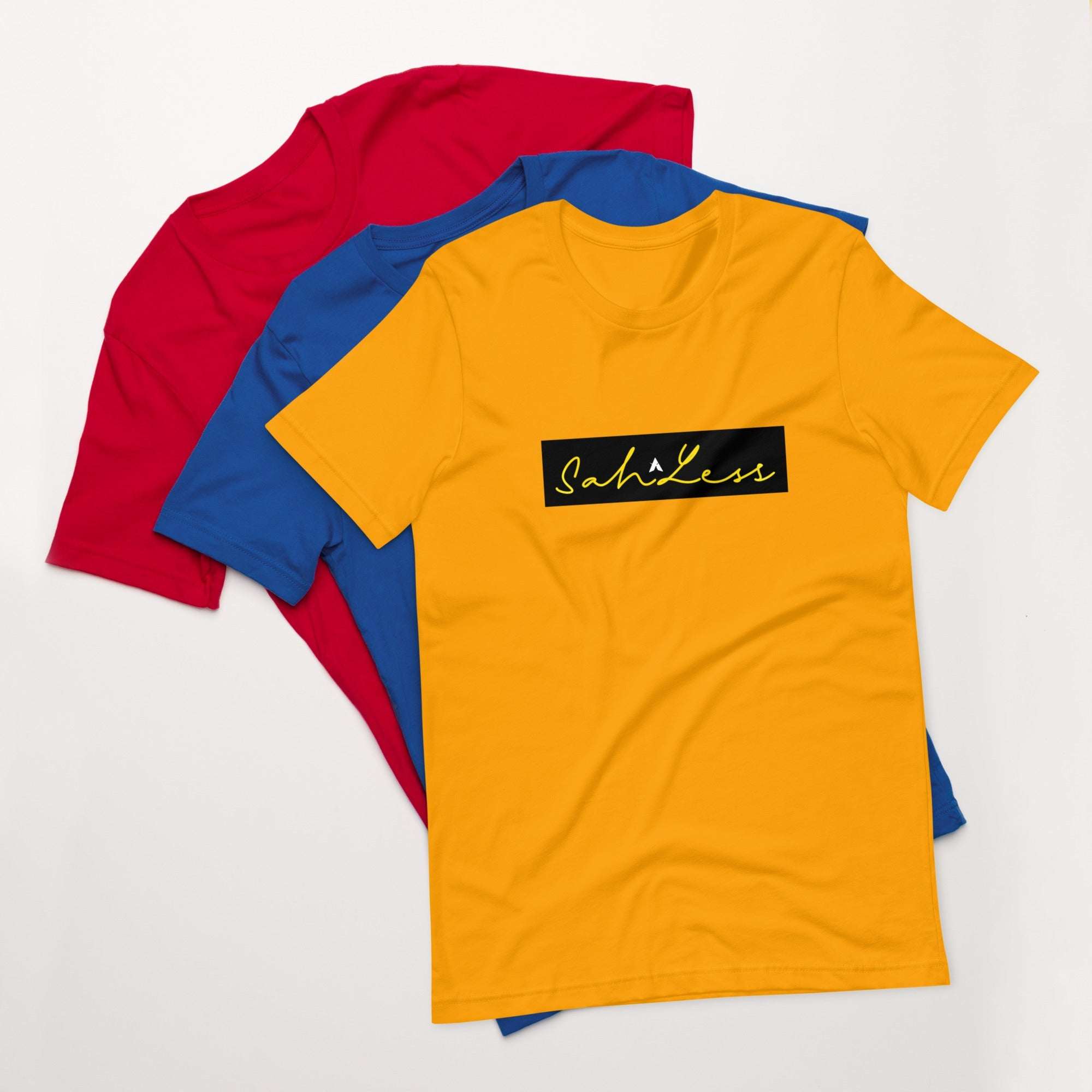 Unisex Stamp Signature T-Shirt in red, blue, and yellow, featuring SahLess logo design.