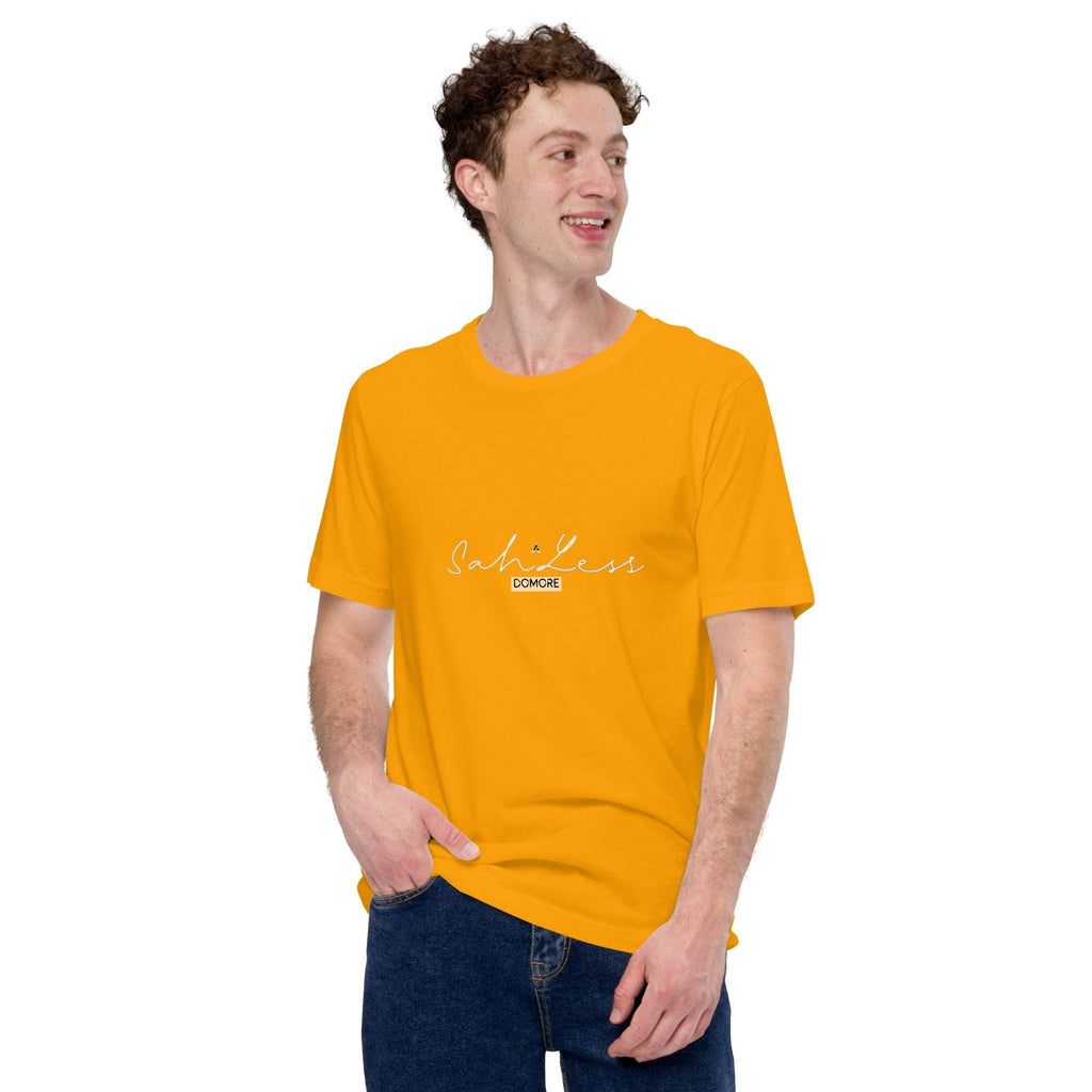 Unisex t-shirt in yellow with "SahLess DoMore" design, worn by a model.