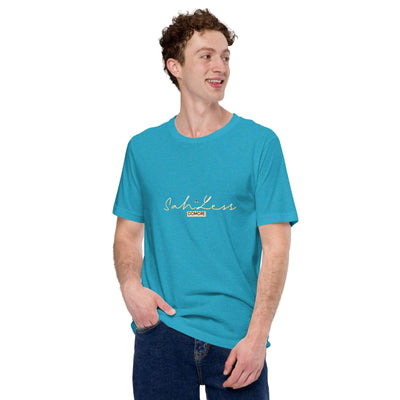 Blue unisex t-shirt SahLess DoMore design worn by a model.