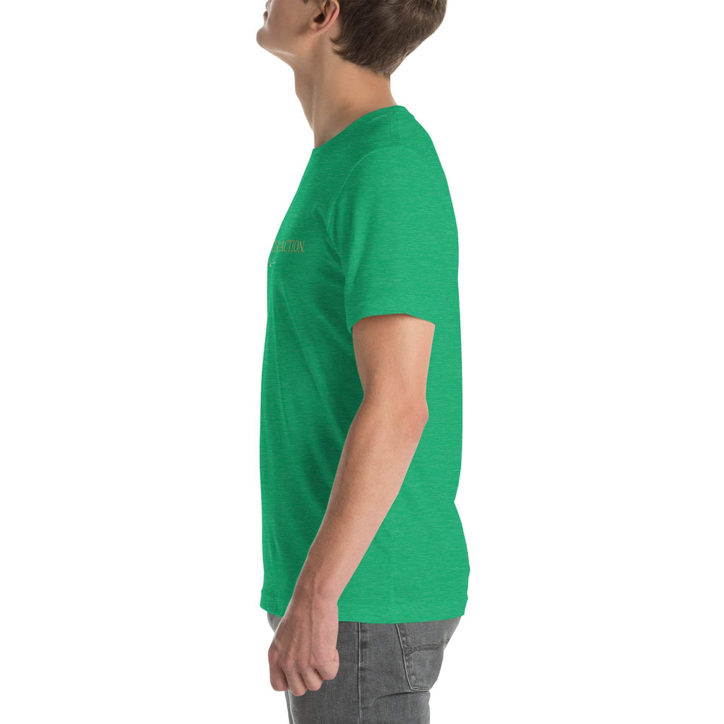 Black "Sah it with Action" graphic unisex T-shirt from Sahless, side view.