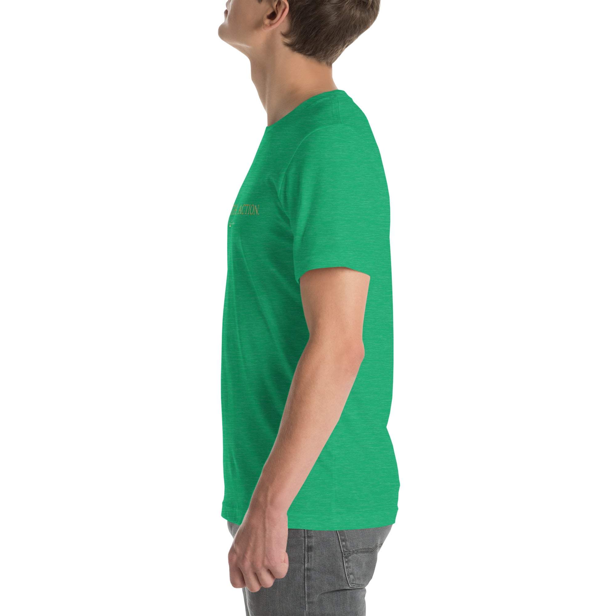 Black "Sah it with Action" graphic unisex T-shirt from Sahless, side view.