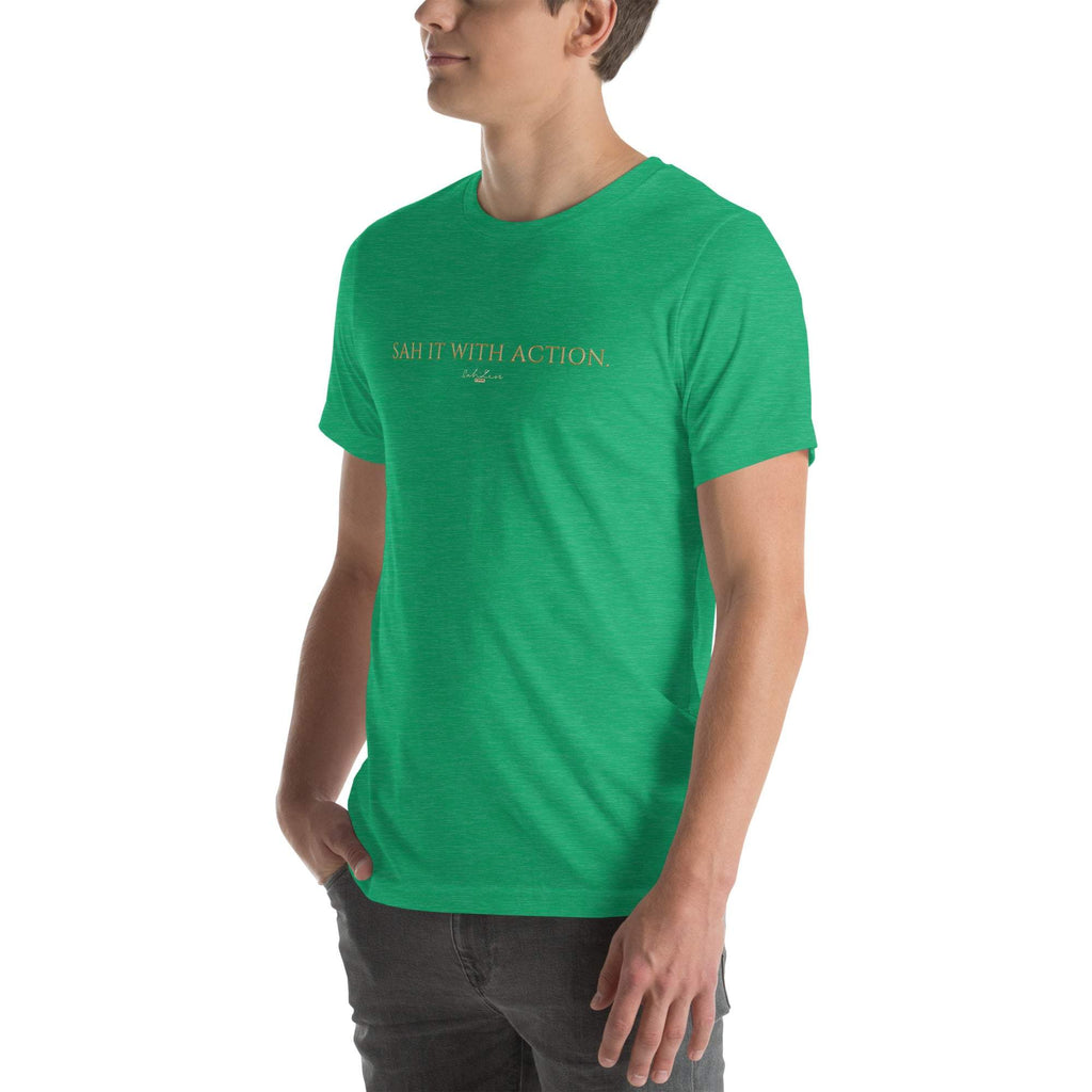 Unisex black graphic t-shirt with "Sah it with Action" slogan, soft and stretchy fabric.