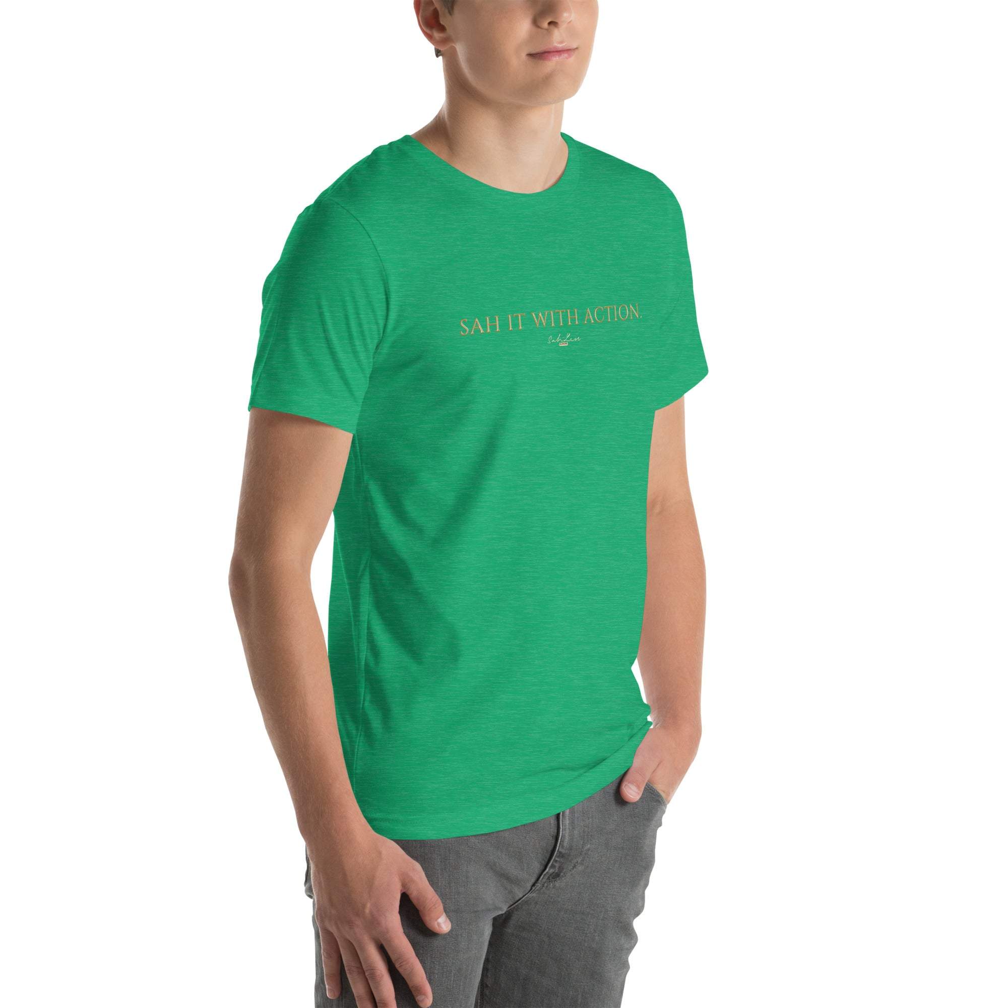 Black "Sah it with Action" graphic unisex t-shirt.