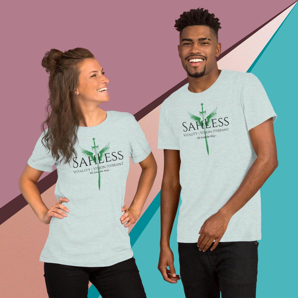 Unisex SahLess Lead the Way t-shirt, soft and lightweight with stretch, worn by models.