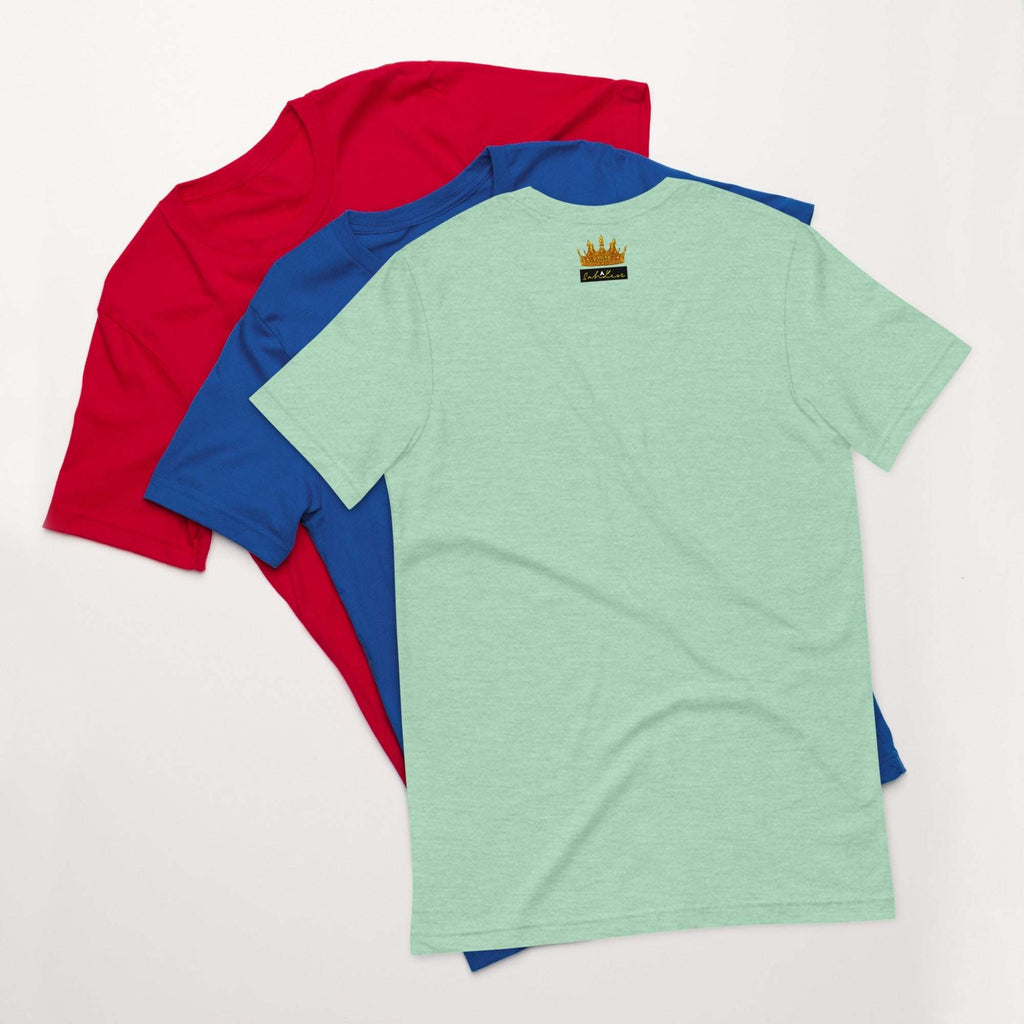 Stamp Signature SahLess Unisex T-Shirt in red, blue, and green displayed on a white background.