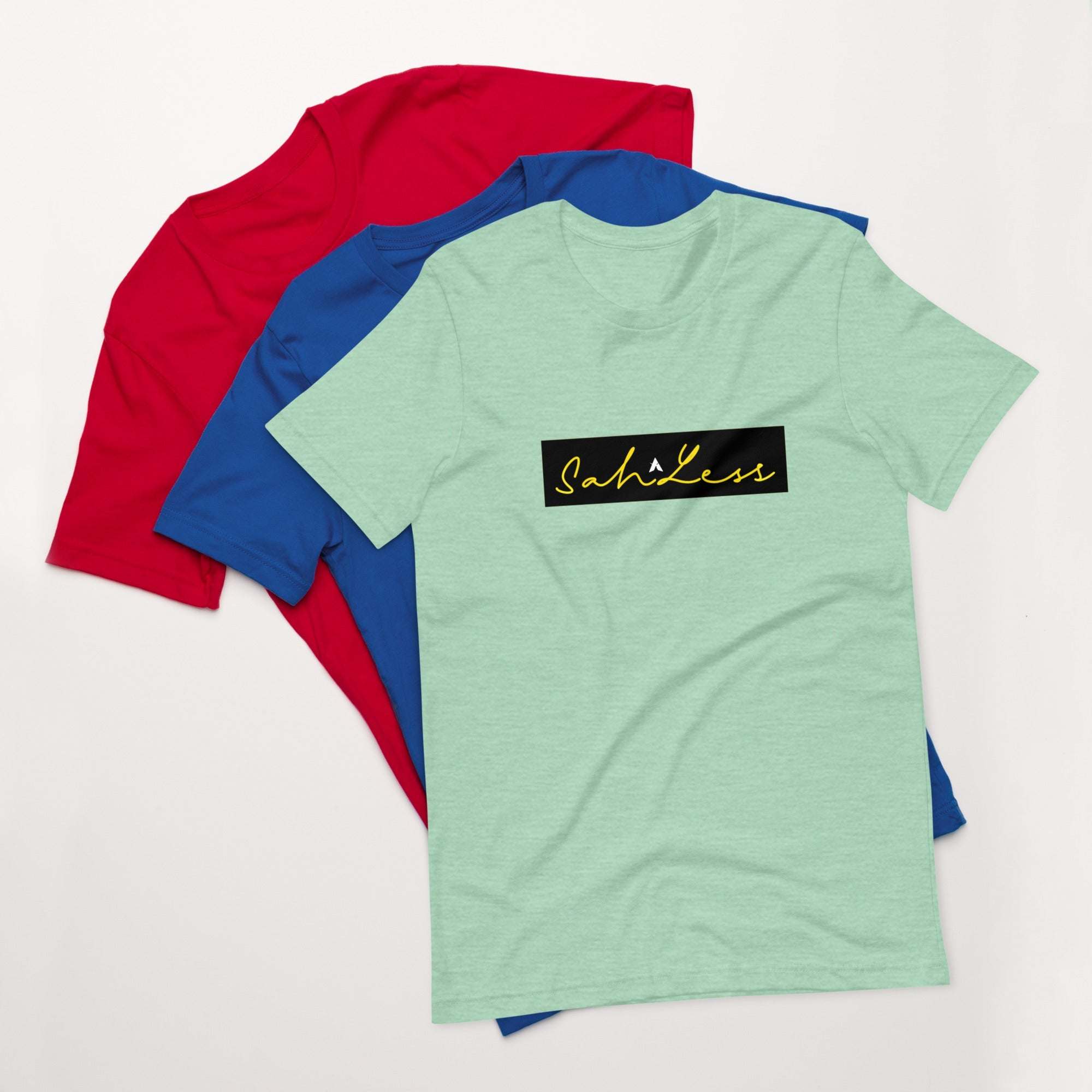 Stamp Signature SahLess Unisex T-Shirt in red, blue, and green, made of lightweight cotton for comfort.