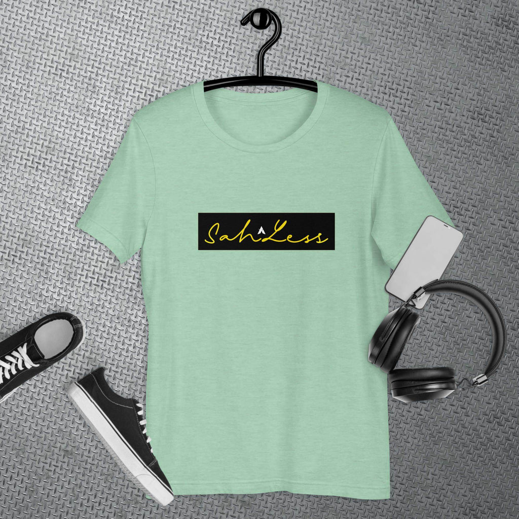 SahLess Signature Unisex T-shirt in mint green with yellow logo, made from lightweight cotton.