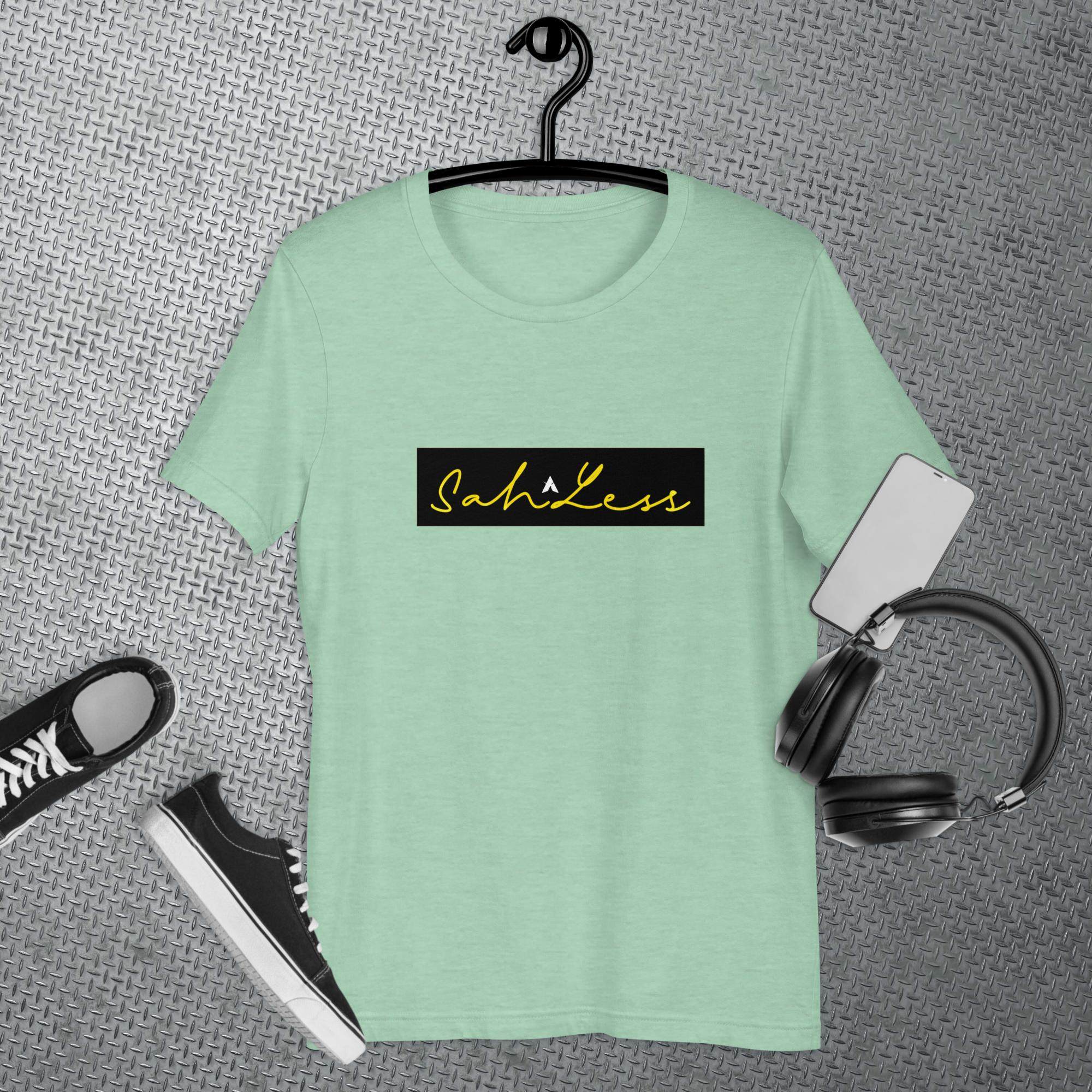 SahLess Signature Unisex T-shirt in mint green with yellow logo, made from lightweight cotton.