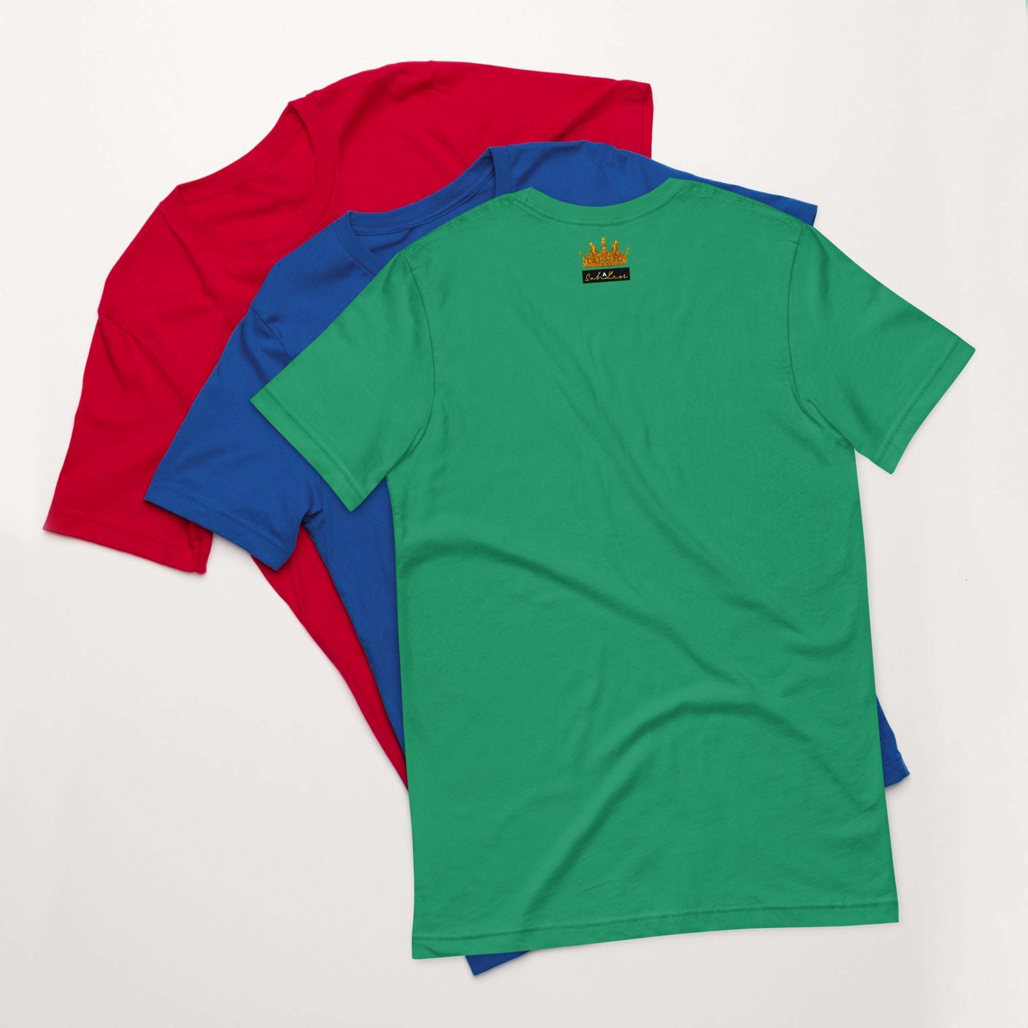 Unisex Stamp Signature T-Shirt in red, blue, and green, 100% cotton, laid-back style.