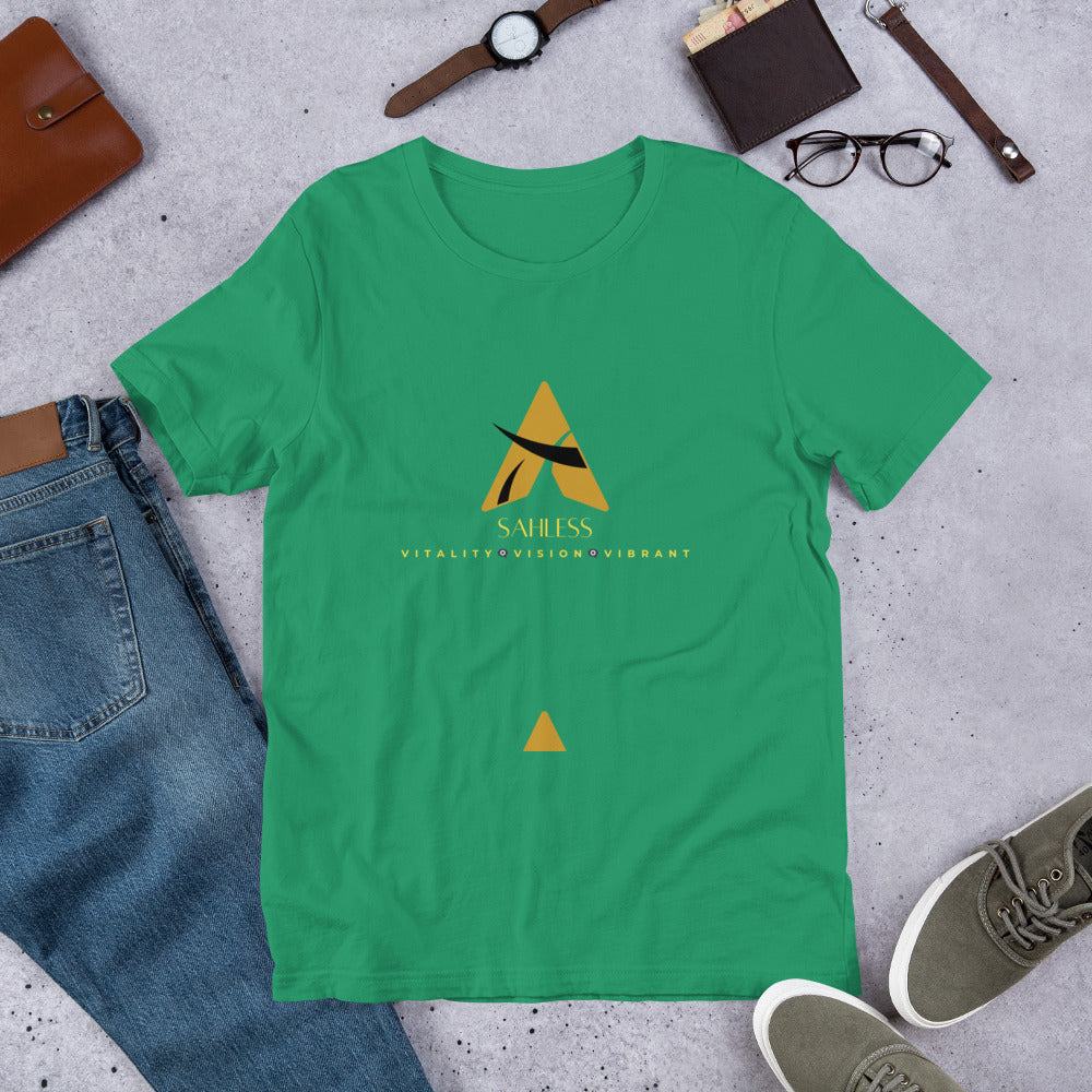 Unisex SahLess T-shirt in aqua green, 100% cotton, featuring pre-shrunk fabric and side-seamed construction.