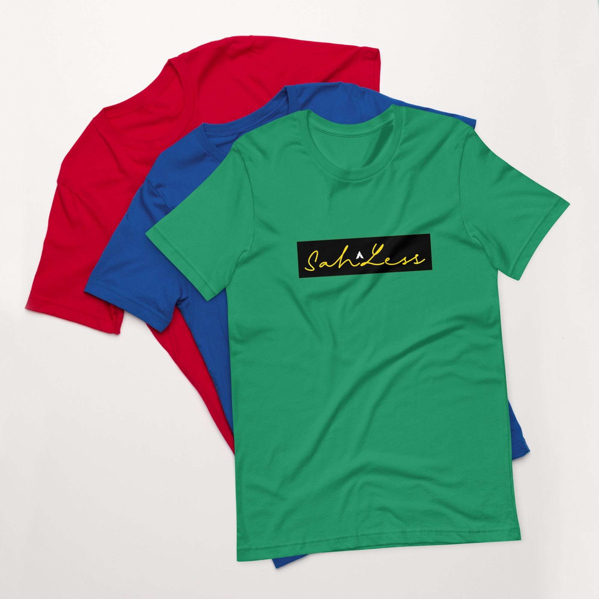 Stamp Signature SahLess Unisex T-Shirt in green, blue, and red with stylish design.