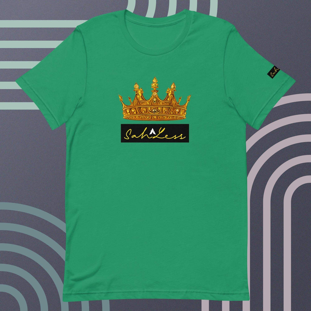 Unisex green t-shirt with crown design and "SahLess" signature, soft and lightweight fabric.