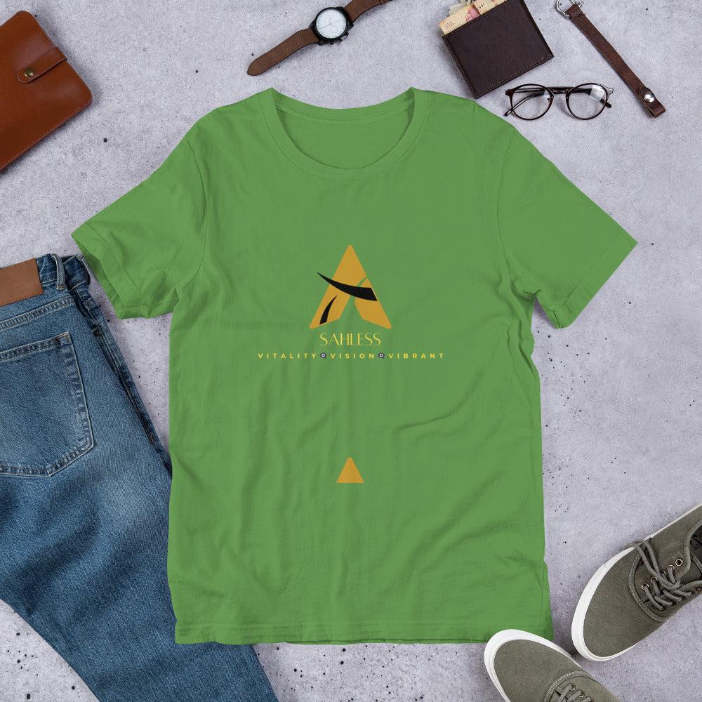 Unisex SahLess T-shirt in vibrant green, featuring 100% cotton, pre-shrunk fabric, and side-seamed construction.