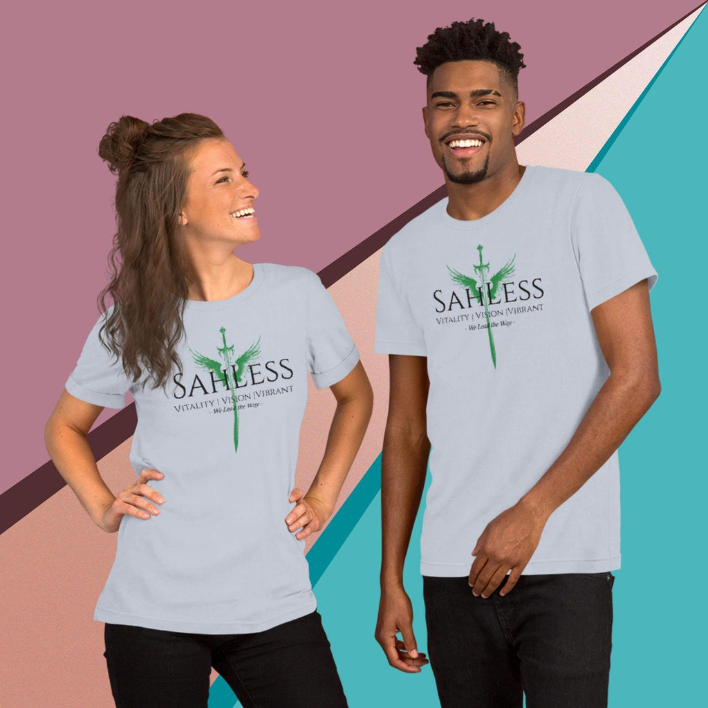 Unisex SahLess Lead the Way t-shirt, soft lightweight fabric, on two smiling models.