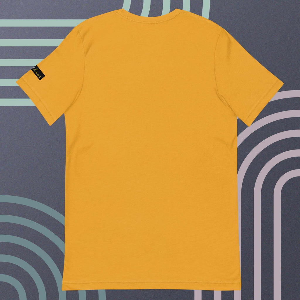 Unisex yellow t-shirt with crown and signature design, soft and lightweight fabric.
