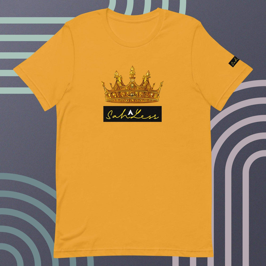 Unisex t-shirt with crown design and signature logo, soft cotton, SahLess brand.