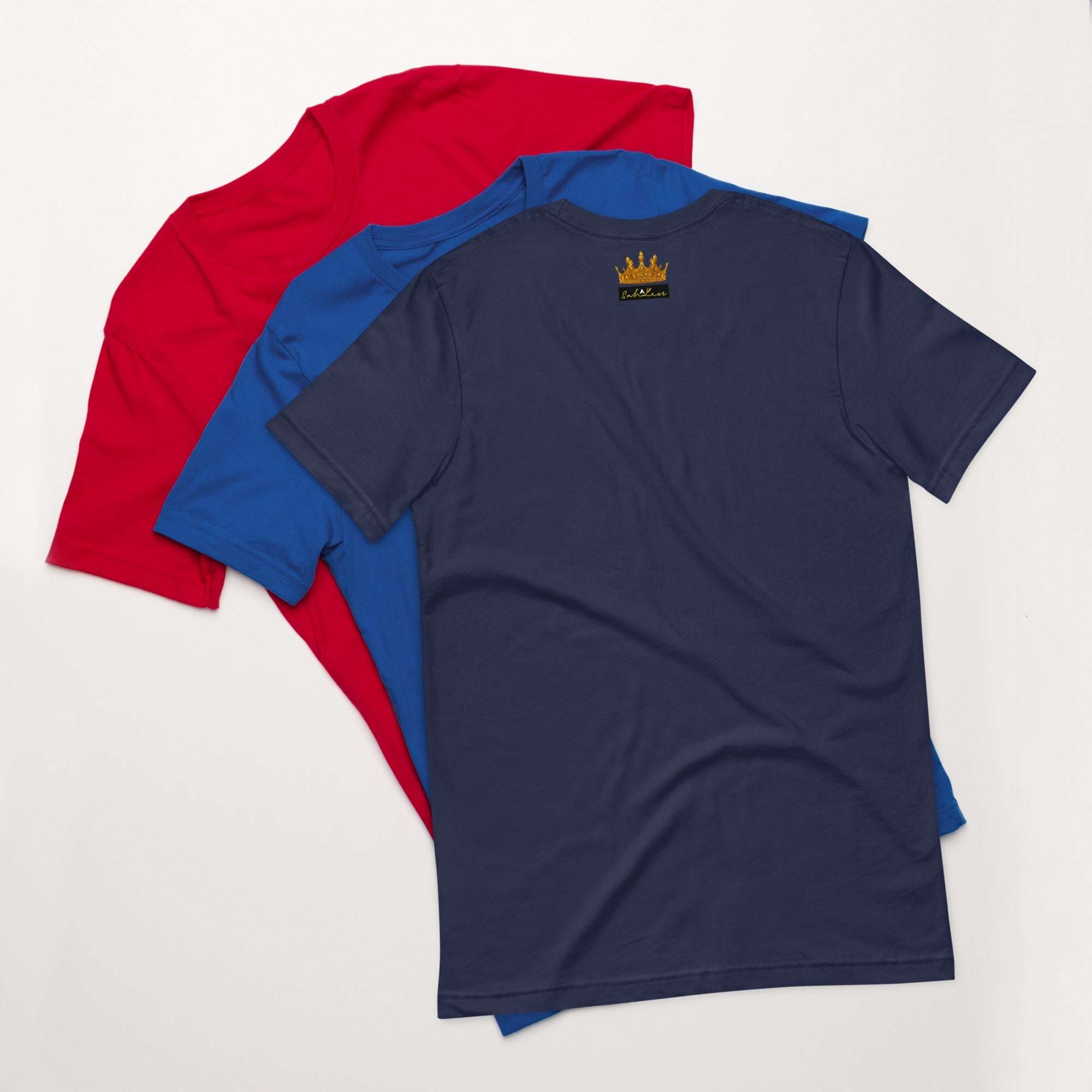 Unisex lightweight cotton Stamp Signature T-Shirt in red, blue, and navy.