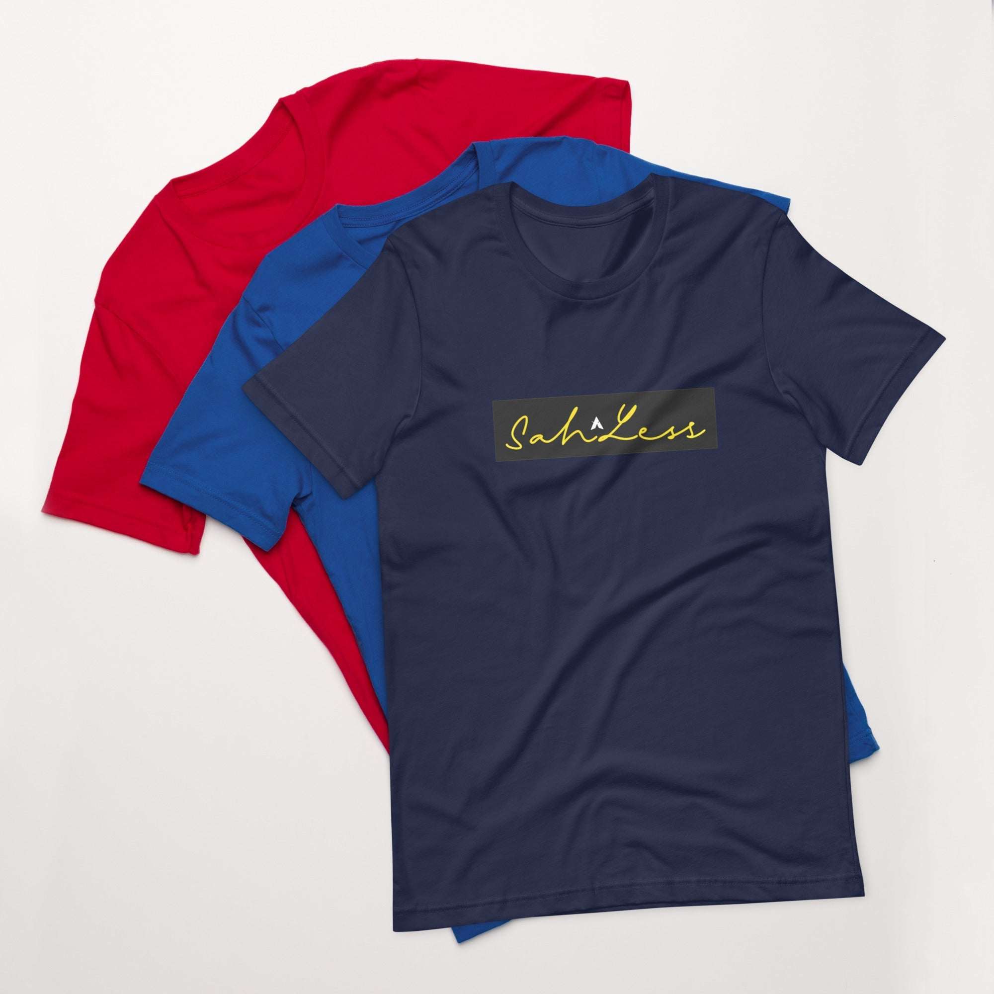 Stamp Signature SahLess Unisex T-Shirt in red, blue, and navy, lightweight cotton with signature design.