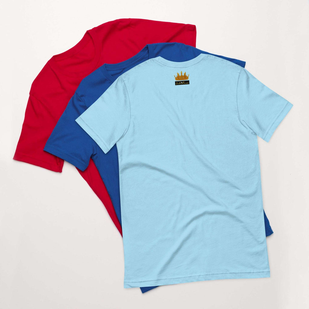 Stamp Signature SahLess Unisex T-Shirt in red, blue, and light blue, lightweight cotton, perfect casual wear.
