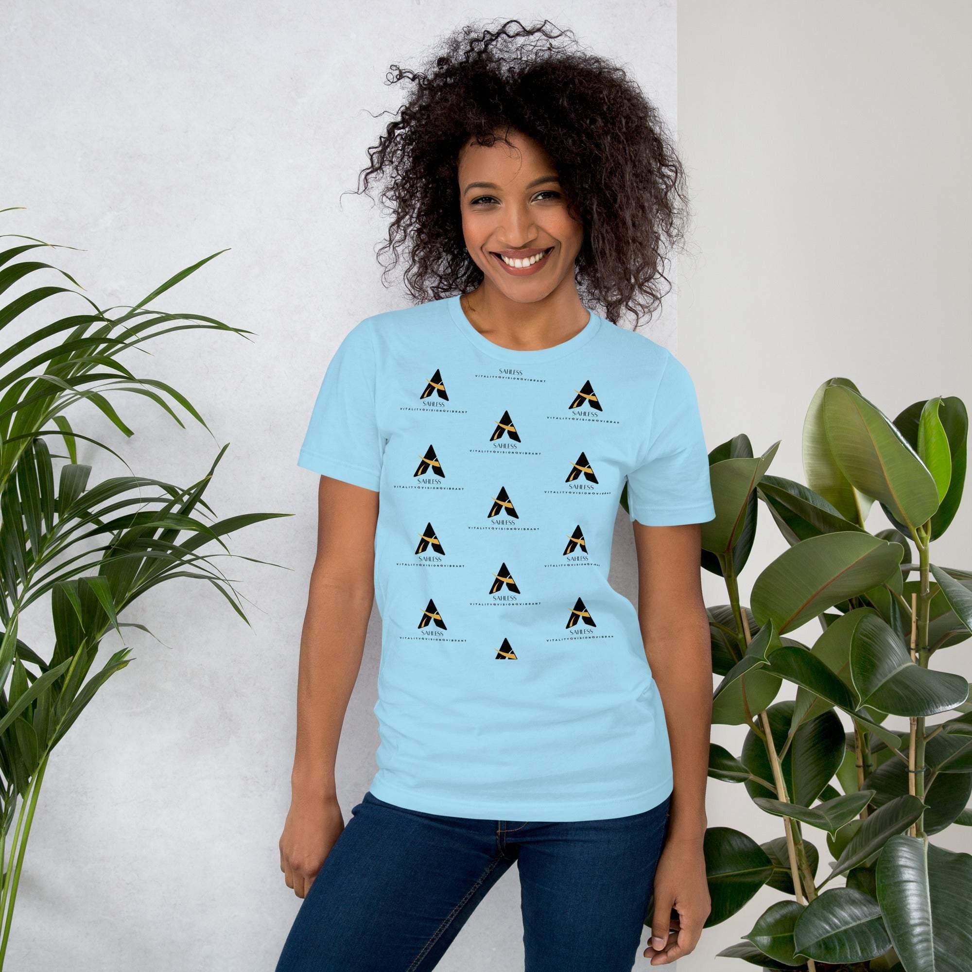 Unisex SahLess T-shirt in ocean blue, lightweight cotton, casual fit.