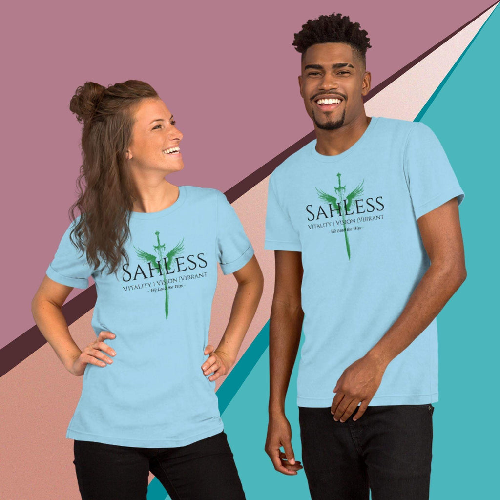 SahLess Lead the Way unisex t-shirt in light blue, soft and lightweight with a comfortable fit.
