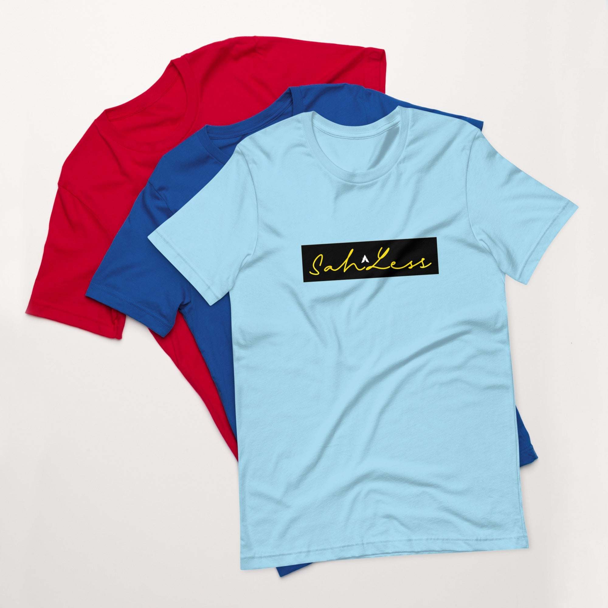 Stamp Signature SahLess Unisex T-Shirt in light blue, red, and blue, made of lightweight cotton with a comfortable fit.