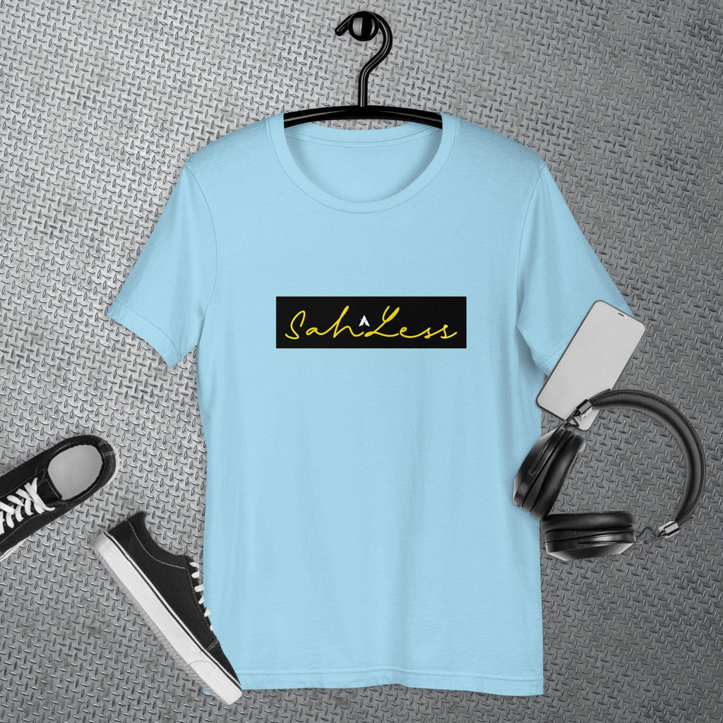 SahLess Signature Unisex T-shirt in light blue, 100% ring-spun cotton, casual wear.
