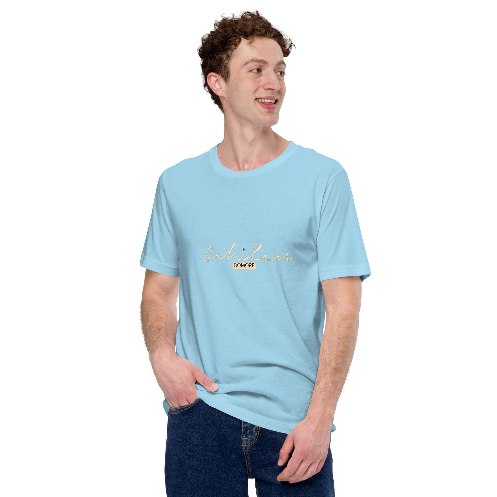 Unisex t-shirt SahLess DoMore in light blue, featuring a relaxed fit for all genders.