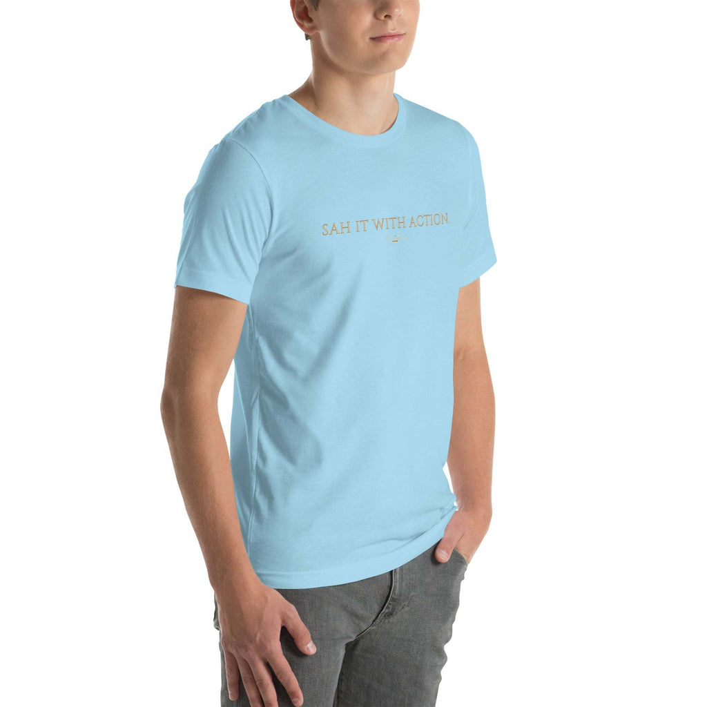 Unisex black t-shirt with "Sah it with Action" graphic, featuring soft, breathable cotton.