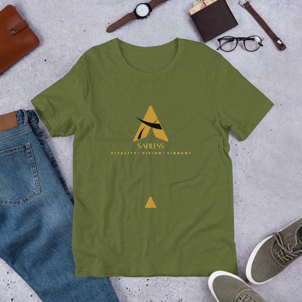Unisex SahLess T-shirt in olive green with unique design, 100% cotton.